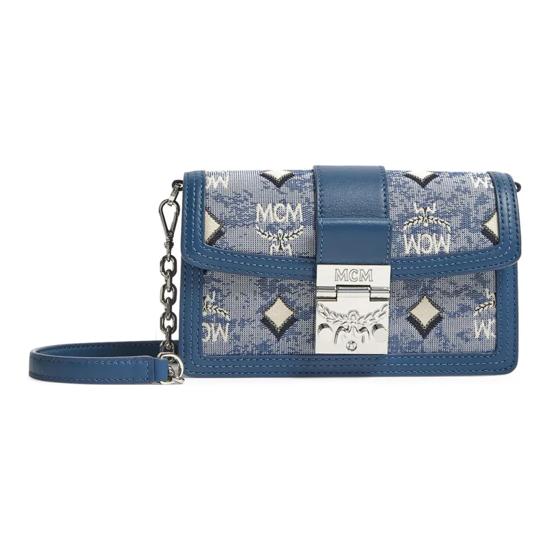MCM Monogram Jacquard Textile Shoulder Bag, Crossbody Bag Mini Women's Blue-0