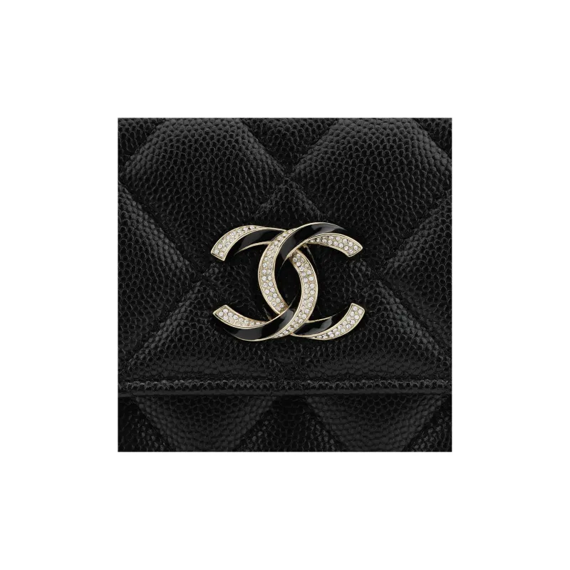 CHANEL Litchi Grain Cow Leather Card Holder, Coin Purse Women's Black-5