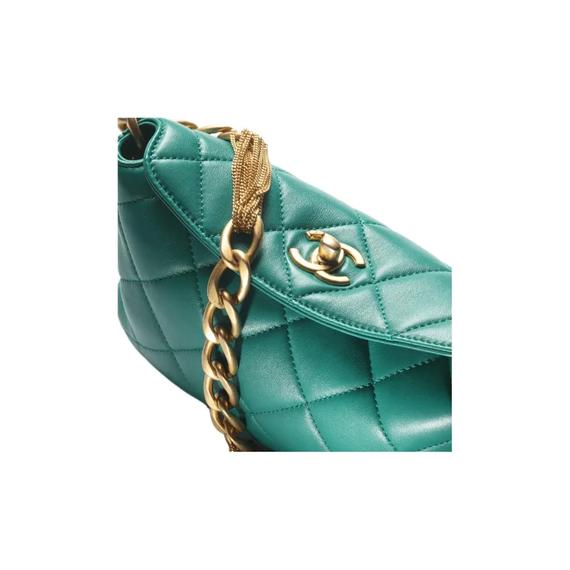CHANEL Sheepskin Hobo Bag Shoulder Bag Trumpets Women's Dark Green-3