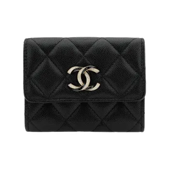 CHANEL Cow Leather Card Holder Coin Purse Women's Black