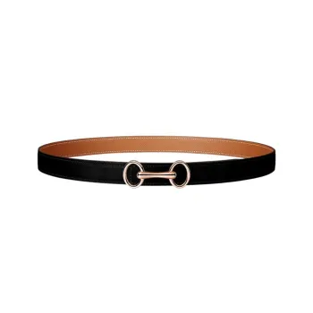 HERMES Heritage Buckle Rose Gold Smooth Buckle Calfskin Double-Sided Leather Belts Women's Black Width 24mm