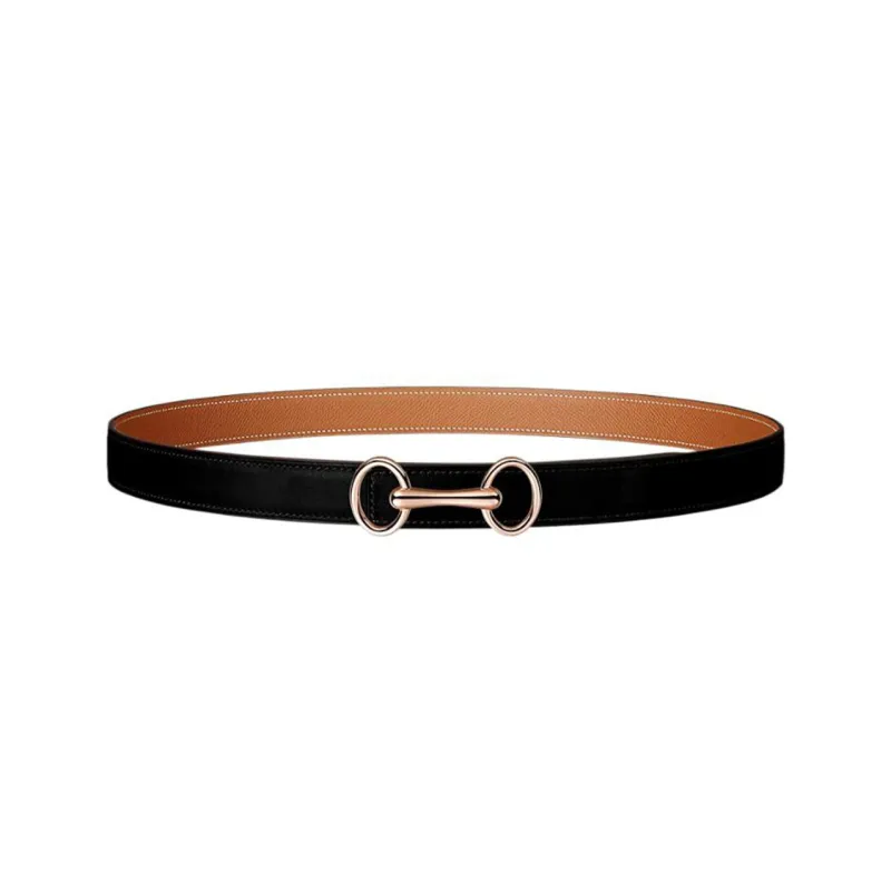 HERMES Heritage Buckle Rose Gold Smooth Buckle Calfskin Double-Sided Leather Belts Women's Black Width 24mm-0