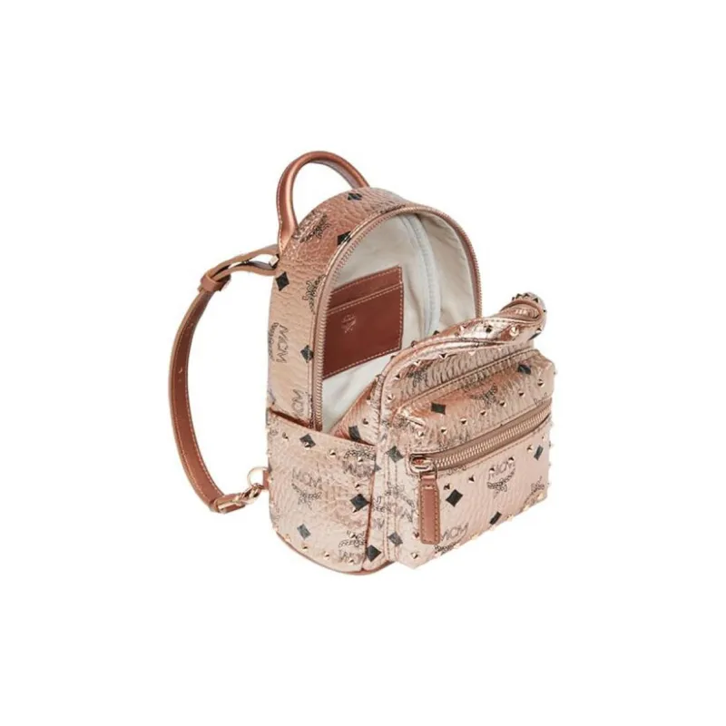 MCM Stark Bebe Boo Backpack Visetos Side Studs X Mini Champagne Gold-3