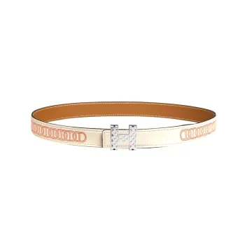 HERMES Garden Party Pattern Print Calfskin Leather Belts Women's White 2.4cm