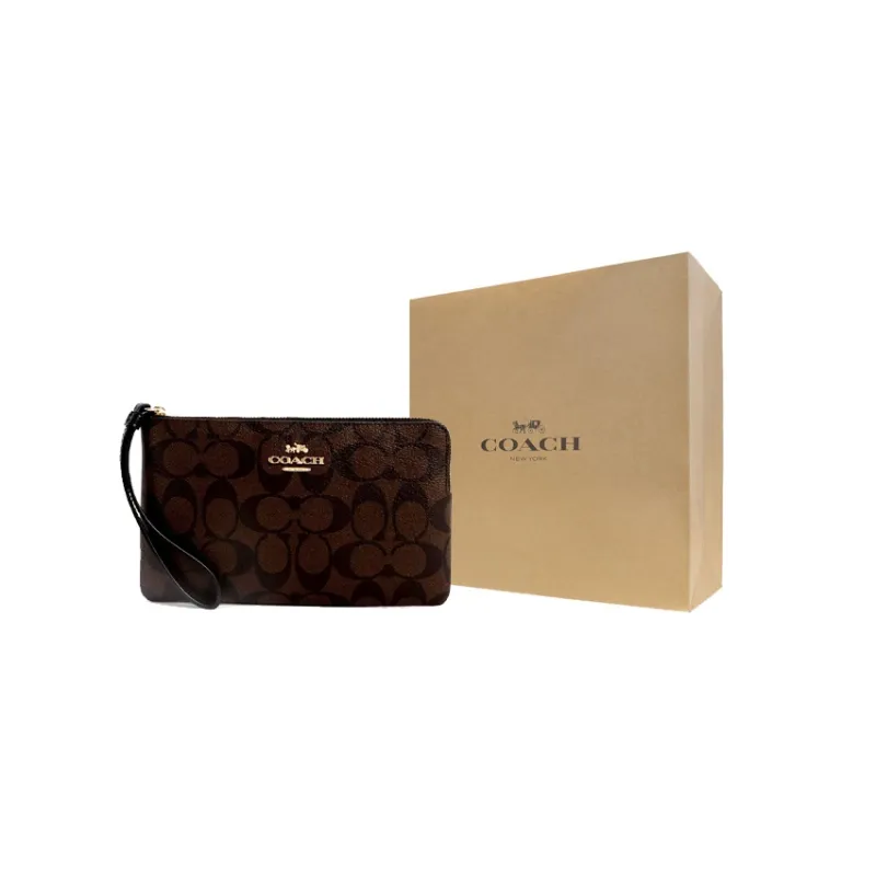 COACH Corner Zip Canvas With Leather Pochette Clutch Tubas Women's Black Brown-4