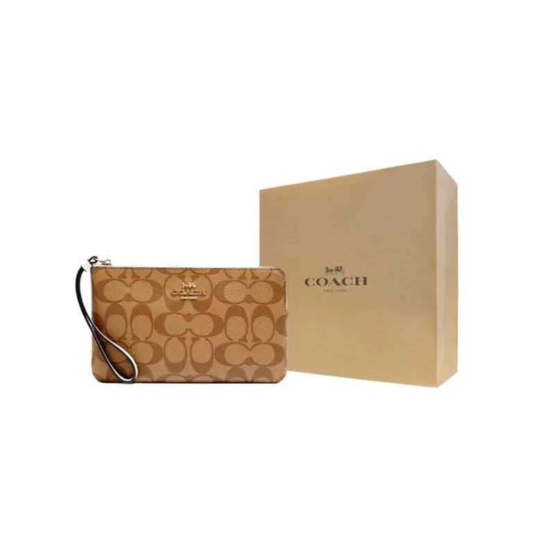 COACH Corner Zip Canvas With Leather Pochette Clutch Large Size Women's Khaki & White Wristband-5