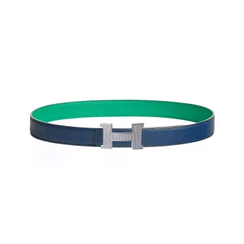 HERMES H Letter With Buckle Smooth Buckle Calfskin Leather Belts Women's Navy Blue/Jade Green 2.4cm