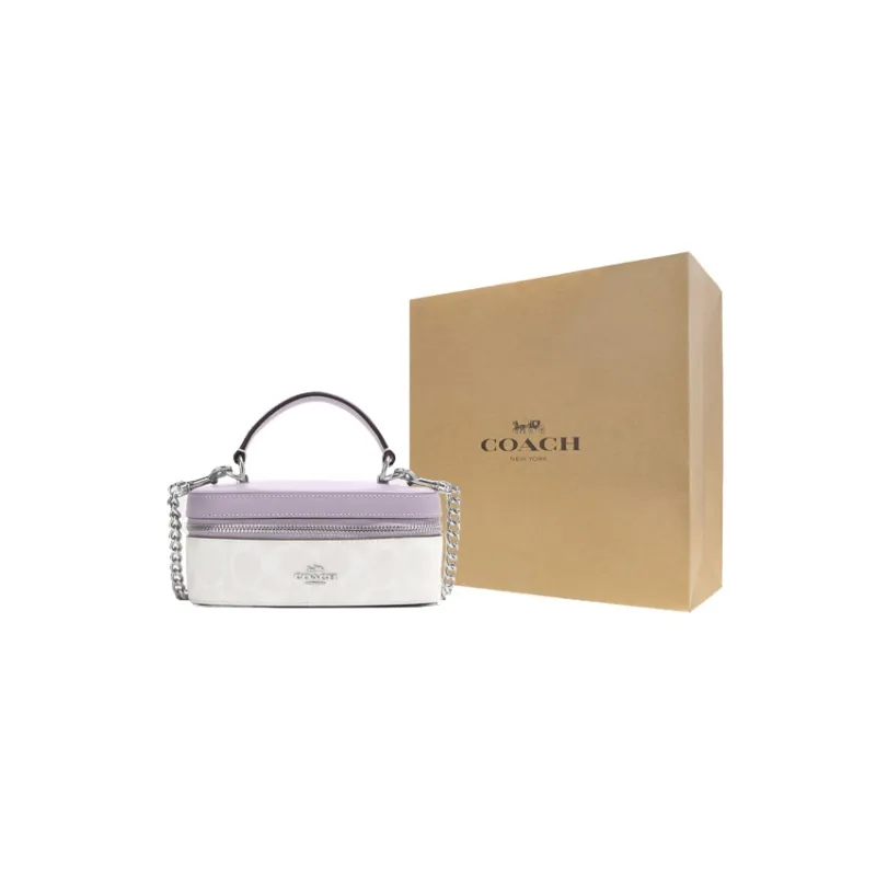 COACH Canvas With Leather Box Bag, Handbag, Shoulder Bag, Crossbody Bag Trumpets Women's White & Purple-5