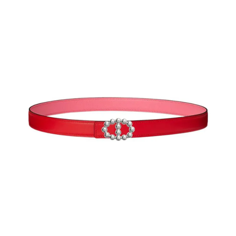 HERMES Maillon Bubble Buckle Silver Smooth Buckle Calfskin Double-Sided Leather Belts Women's Pink Width 24mm-0
