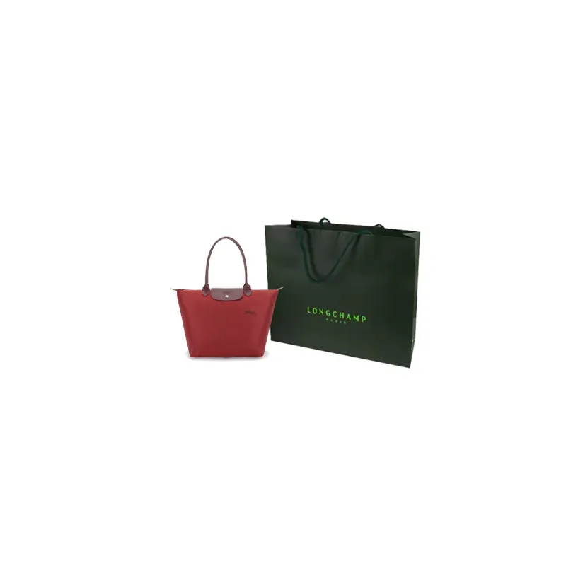 LONGCHAMP Le Pliage Green Recycled Canvas With Leather Trim Tote Handbag, Shoulder Bag Women's Red-9