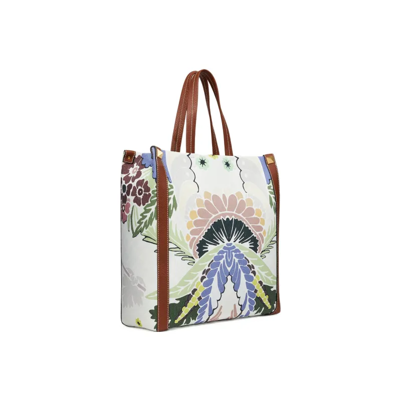 Valentino Canvas With Leather Tote Bag Shopping Bag Canvas Bag Handbags Men's Multicolor-1
