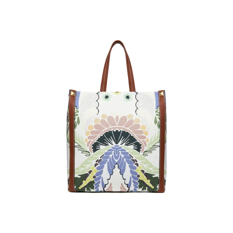 Valentino Canvas With Leather Tote Bag Shopping Bag Canvas Bag Handbags Men's Multicolor-0