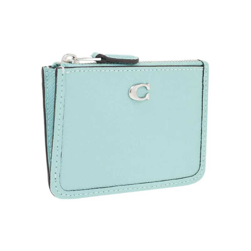 COACH Skinny Id Case Cross Grain Leather Coin Purse, Card Holder Mini Women's Cyan-1