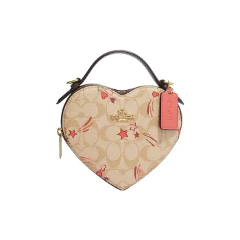 COACH Heart Canvas With Leather Heart Shaped Bag Box Bag Handbag Shoulder Bag Crossbody Bag Small Size Women's Khaki