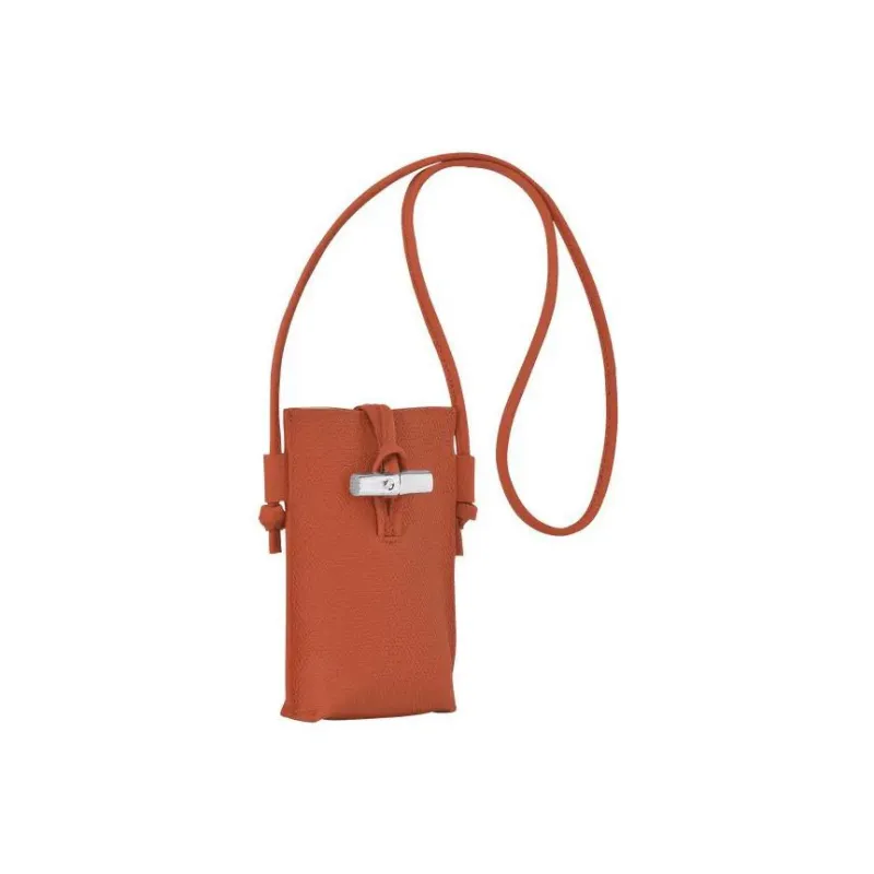 LONGCHAMP Roseau Cow Leather One Shoulder Crossbody Cell Phone Pouch Women's Orange Red-4