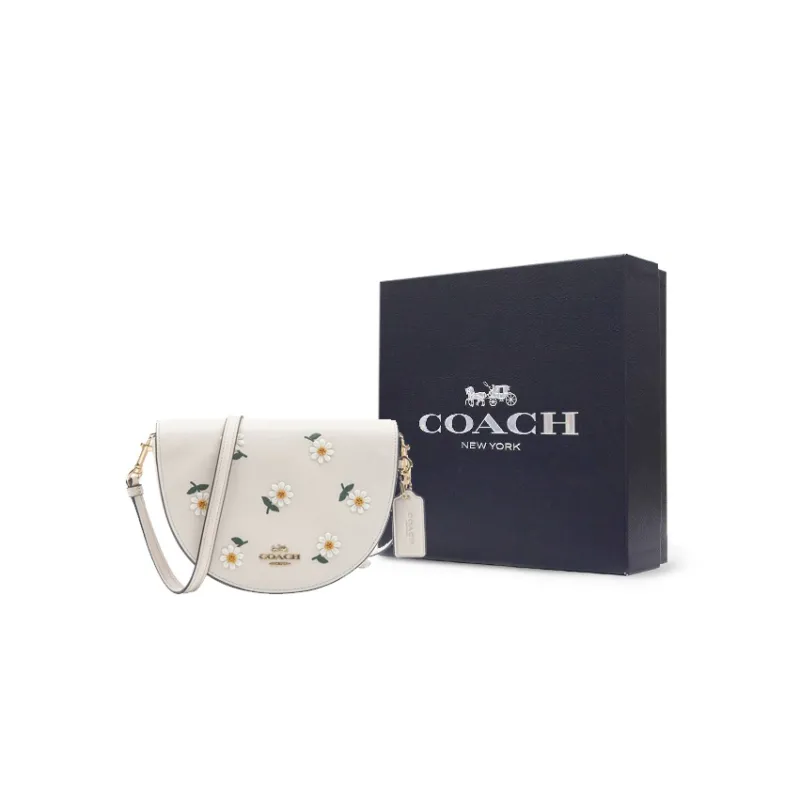 COACH Ellen Leather Embroidery Bag, Shoulder Bag, Saddle Bag, Crossbody Bag Trumpets Women's White-5