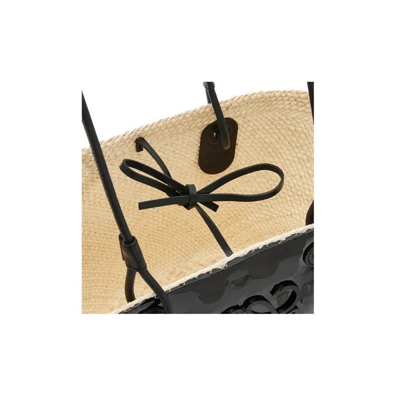 LOEWE Anagram Basket Sequins Iraque Palm Fiber Cow Leather Patchwork Handbag Shoulder Bag Women's Black-3