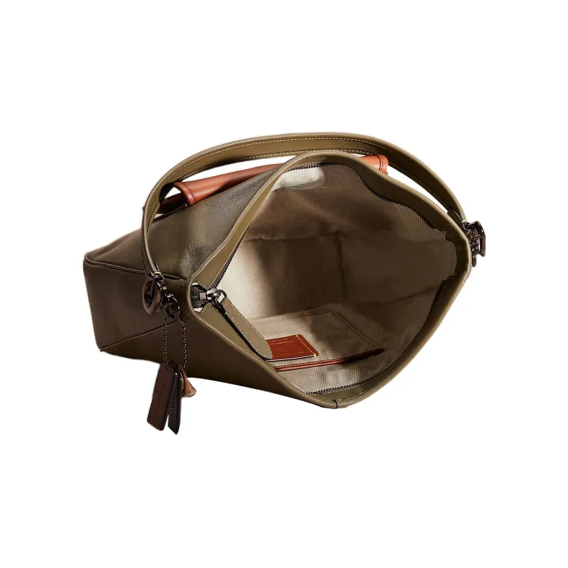 COACH Hobo Leather Hobo Bag Handbag Shoulder Bag Women's Army Green With Patchwork Brown-2