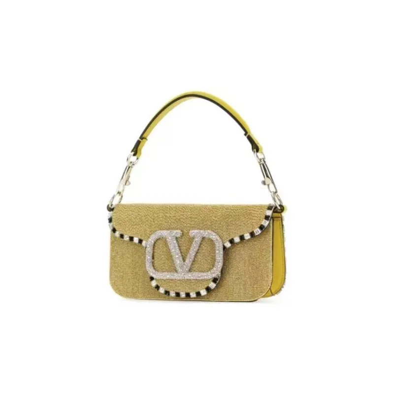 Valentino Locò Leather Shoulder Bag Crossbody Bag Handbag Small Size Women's Yellow/Green-3