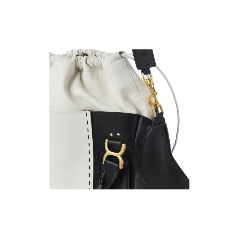 Chloe Marcie Calfskin Combined With Lambskin One Shoulder Handbag Crossbody Bag Large Size Women's White/Black-5