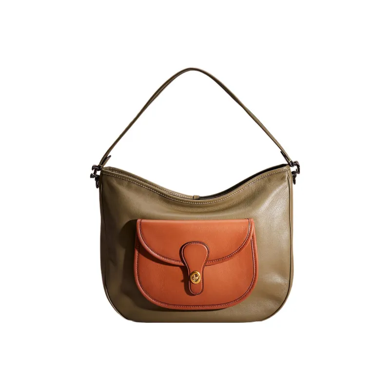 COACH Hobo Leather Hobo Bag Handbag Shoulder Bag Women's Army Green With Patchwork Brown-0