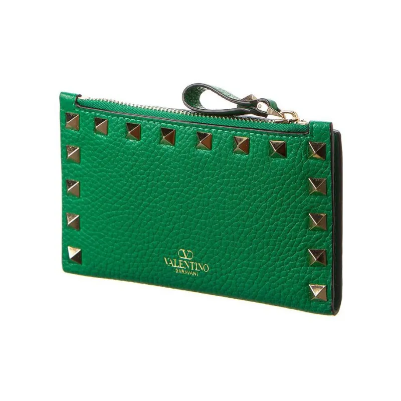 Valentino Rockstud Calfskin Wallet Coin Purses Card Holders Regular Women's Green-1