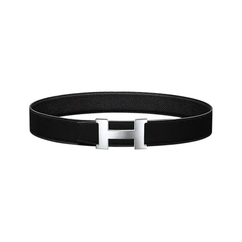 HERMES Calfskin Leather Belts Men's Black Width  3.8cm