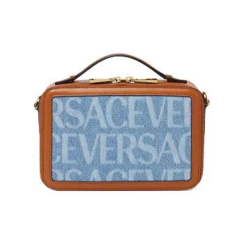 VERSACE Cotton With Calfskin Portable Crossbody Bag Shoulder Bag Small Size Men's Blue/Brown