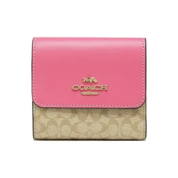 COACH Trifold Wallet Canvas With Leather Coin Purse Wallet Women's Khaki & Pink