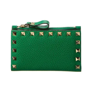 Valentino Rockstud Calfskin Wallet Coin Purses Card Holders Regular Women's Green