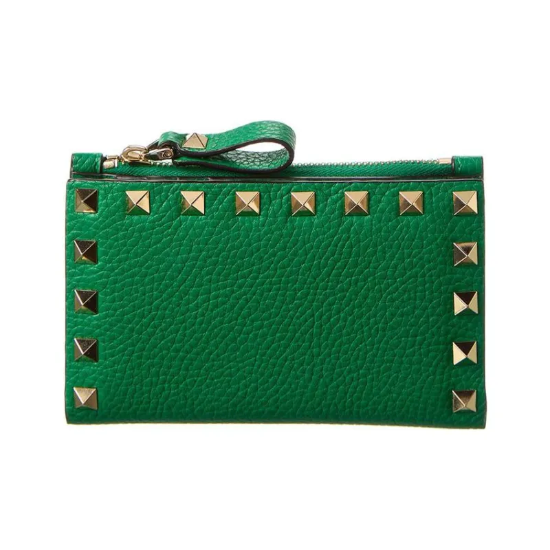Valentino Rockstud Calfskin Wallet Coin Purses Card Holders Regular Women's Green-0