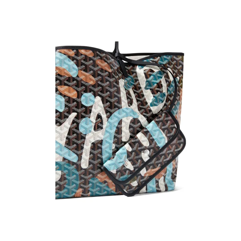GOYARD Saint Louis Canvas With Leather Tote Bag Shopping Bag Shoulder Bag Handbag Large Size Unisex Black/Blue-2