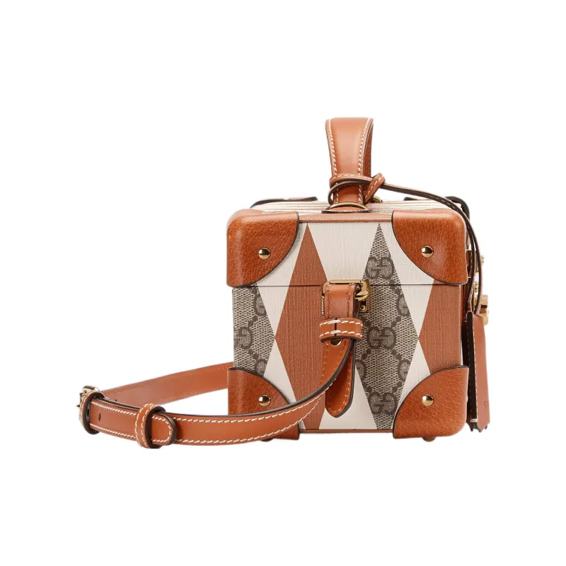 GUCCI Leather Paneled Canvas Wrist Watch Box Handbag Shoulder Bag Crossbody Bag Regular Women's Brown/White-2