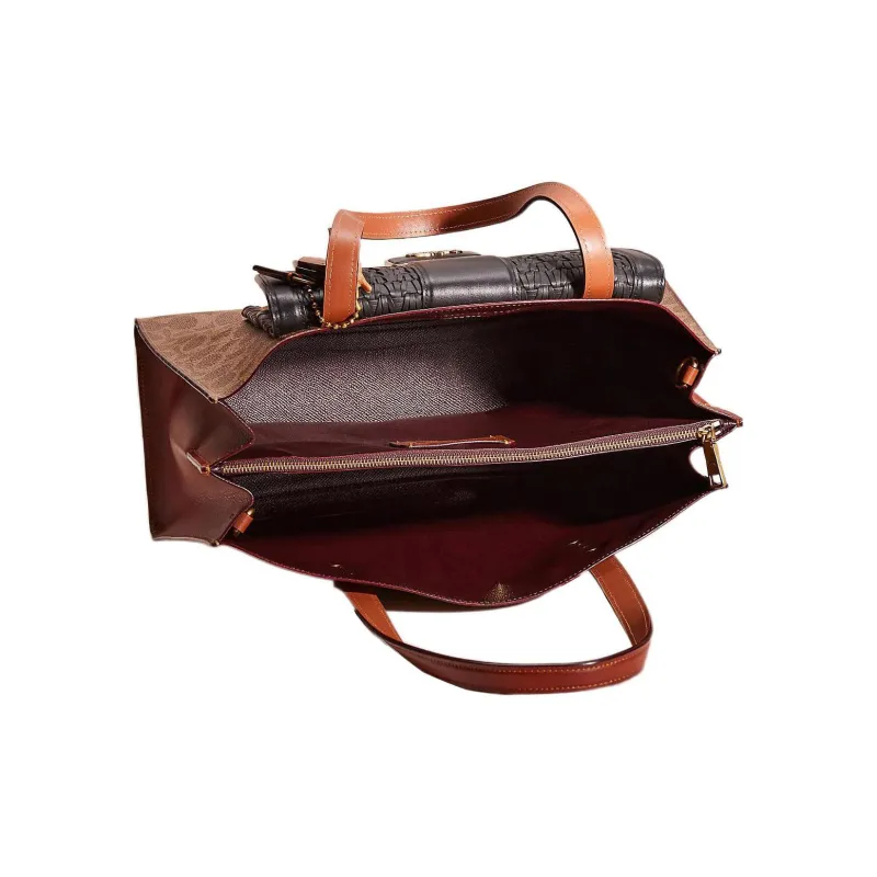 COACH Charlie Canvas With Calfskin Tote Bag Shopping Bag Handbag Large Size Women's Brown-2