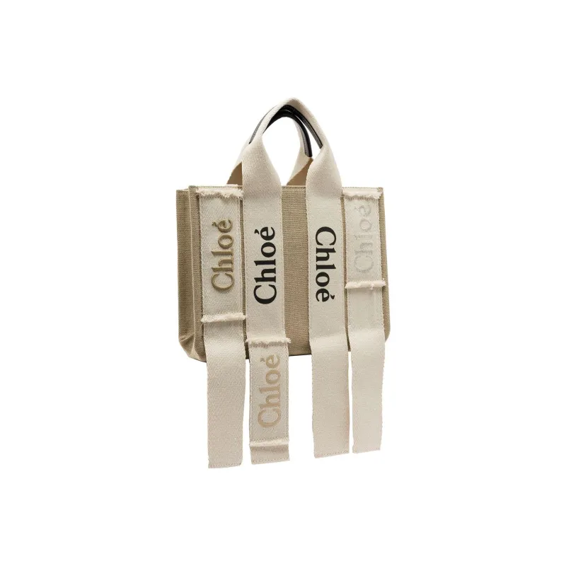 Chloe Woody Calfskin With Linen Tote Bag, Shopping Bag, Shoulder Bag, Crossbody Bag, Handbag Small Size Women's Beige-1