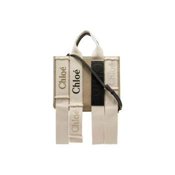 Chloe Woody Calfskin With Linen Tote Bag, Shopping Bag, Shoulder Bag, Crossbody Bag, Handbag Small Size Women's Beige