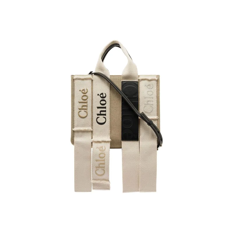 Chloe Woody Calfskin With Linen Tote Bag, Shopping Bag, Shoulder Bag, Crossbody Bag, Handbag Small Size Women's Beige-0
