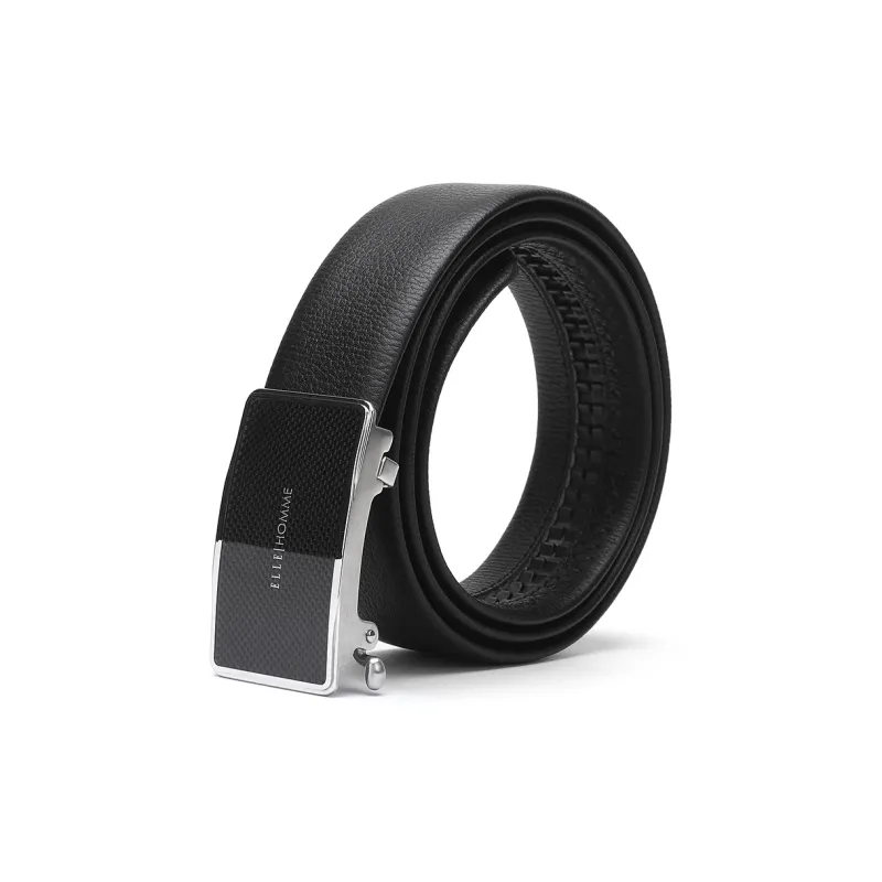 ELLE HOMME Automatic Buckle Woven Steel Buckle Business Top Grain Cow Leather Belts Men's Black Width 3.7cm-1