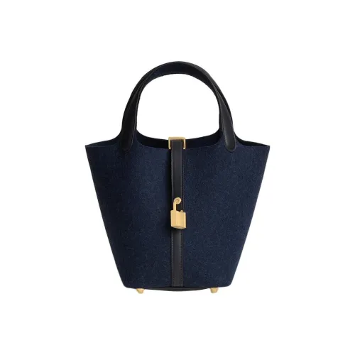 HERMES Picotin Velvet With Swift Calfskin Basket Bag Bucket Bag Handbag Women's Midnight Blue/Nubuck