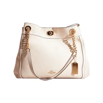 COACH Turnlock Eggstone Grain Leather Hobo Bag Handbag Shoulder Bag Large Size Women's White