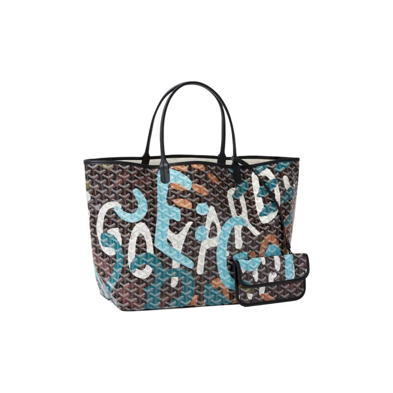 GOYARD Saint Louis Canvas With Leather Tote Bag Shopping Bag Shoulder Bag Handbag Large Size Unisex Black/Blue-0