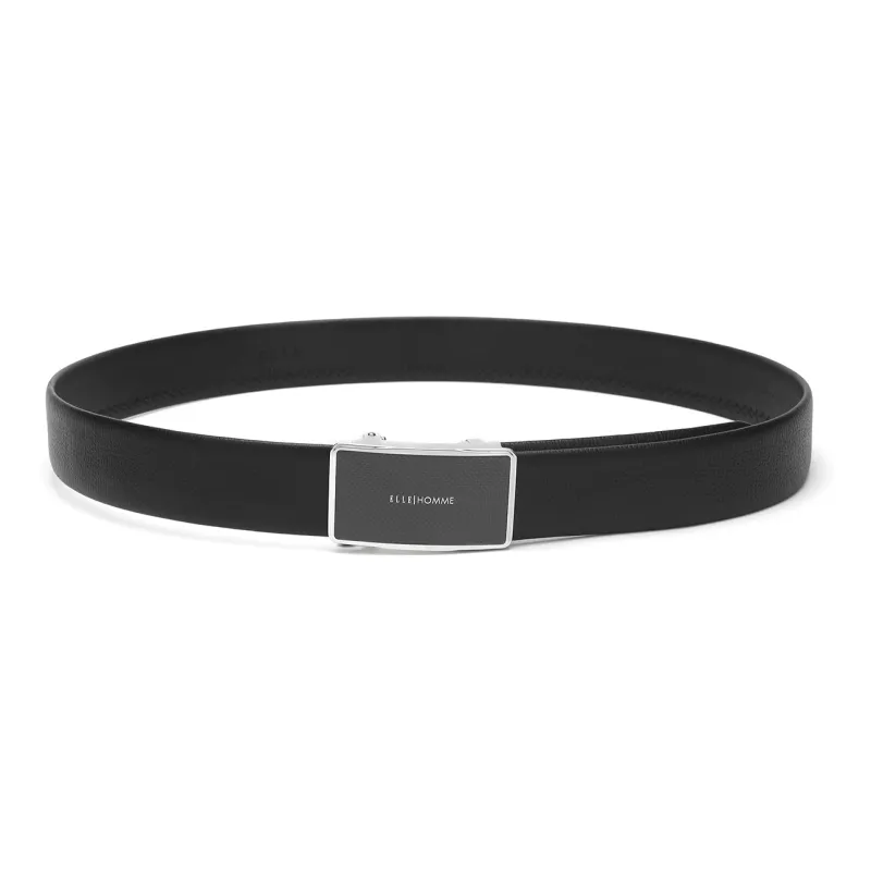 ELLE HOMME Automatic Buckle Woven Steel Buckle Business Top Grain Cow Leather Belts Men's Black Width 3.7cm-3