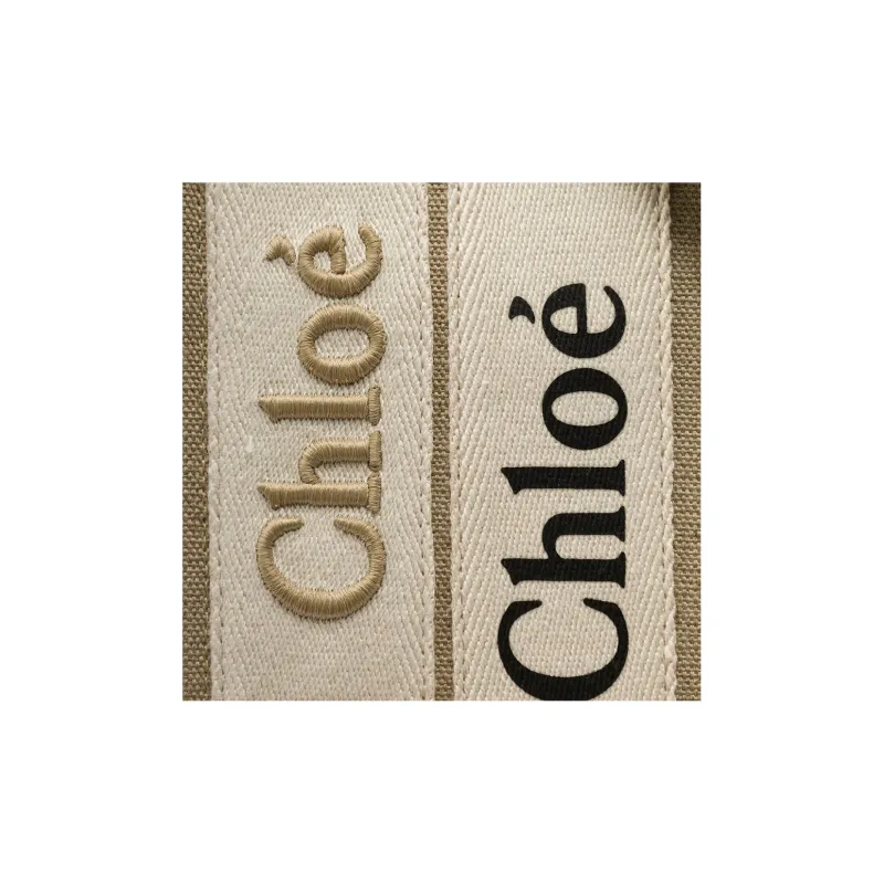 Chloe Woody Calfskin With Linen Tote Bag, Shopping Bag, Shoulder Bag, Crossbody Bag, Handbag Small Size Women's Beige-3