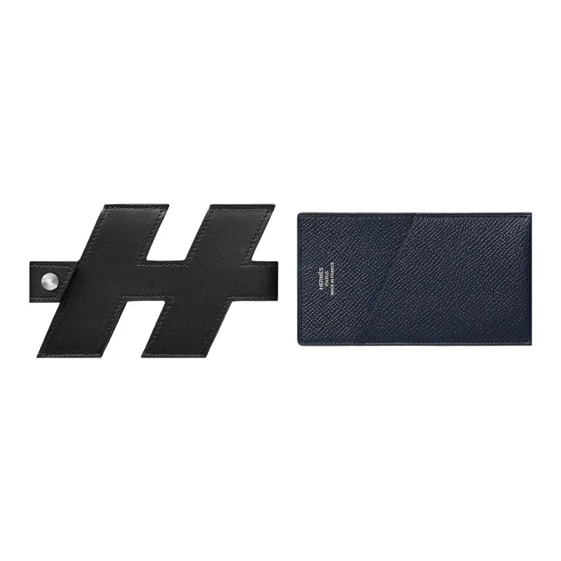 HERMES Evercalf With Epsom Calfskin Card Holder Women's Black/Indigo-1