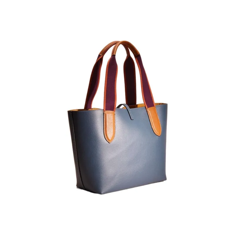 COACH Market Tote Pebbled Leather Tote Bag Shopping Bag One Shoulder Handbag Large Size Women's Blue-1