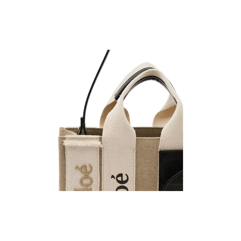 Chloe Woody Calfskin With Linen Tote Bag, Shopping Bag, Shoulder Bag, Crossbody Bag, Handbag Small Size Women's Beige-2