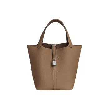 HERMES Picotin Lock Clemence Calfskin Basket Bag, Bucket Bag, Handbag Women's 3GAlezan Chestnut
