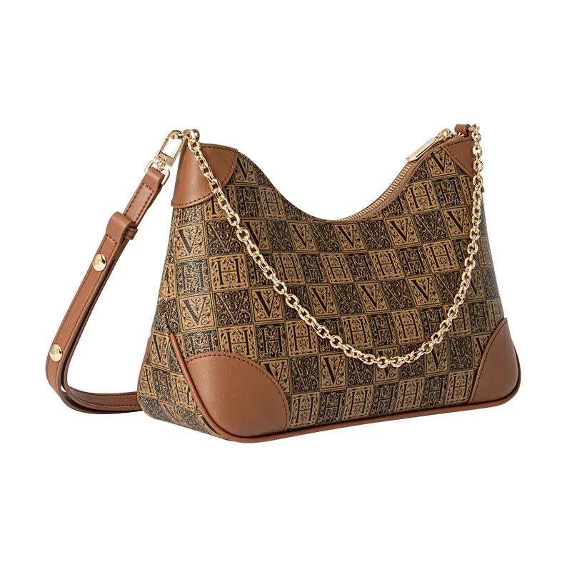 VANESSA HOGAN Monogram Cow Leather Mom Bag, Croissant Bag, Chain Bag, Shoulder Bag, Crossbody Bag Women's Dark Brown-1