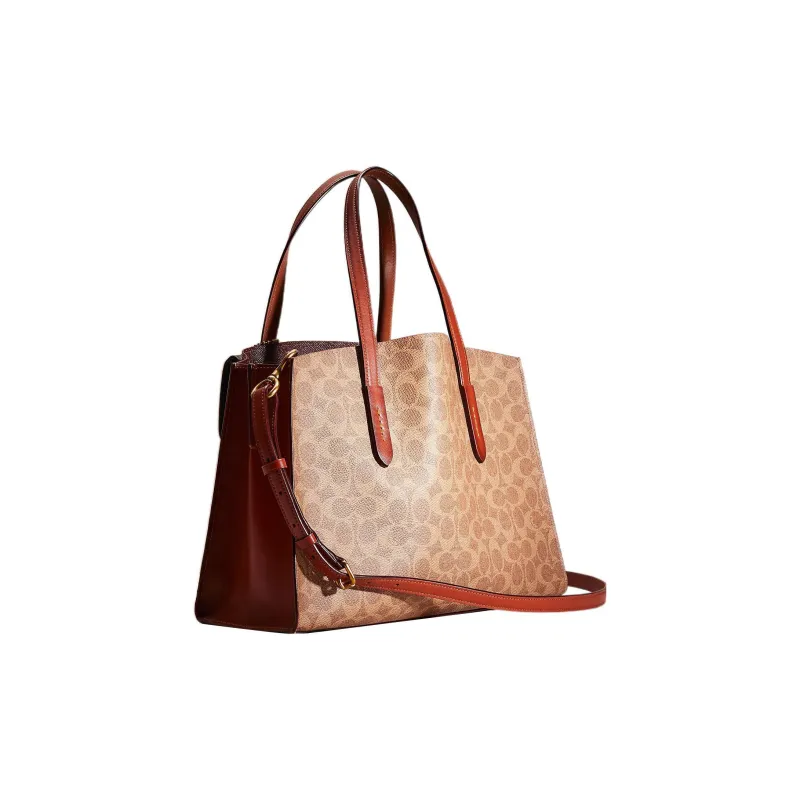 COACH Charlie Canvas With Calfskin Tote Bag Shopping Bag Handbag Large Size Women's Brown-1