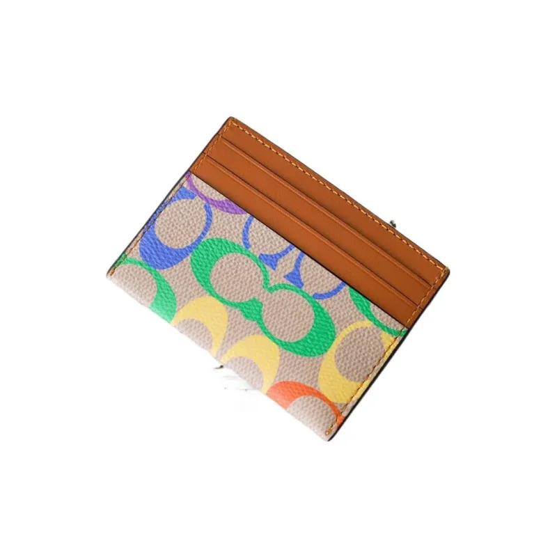 COACH Card Case Canvas With Calfskin Card Clip Card Holder Women's Brown & Rainbow-4